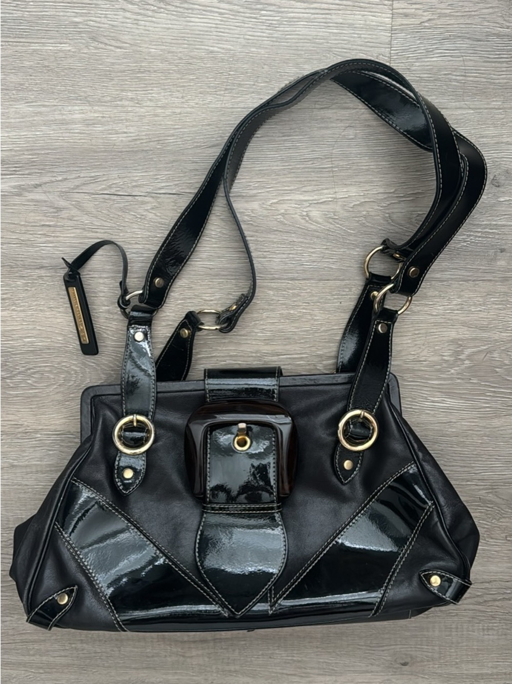 Vintage Dolce & Gabbana Black Patent and Leather Shoulder Bag with Gold Hardware